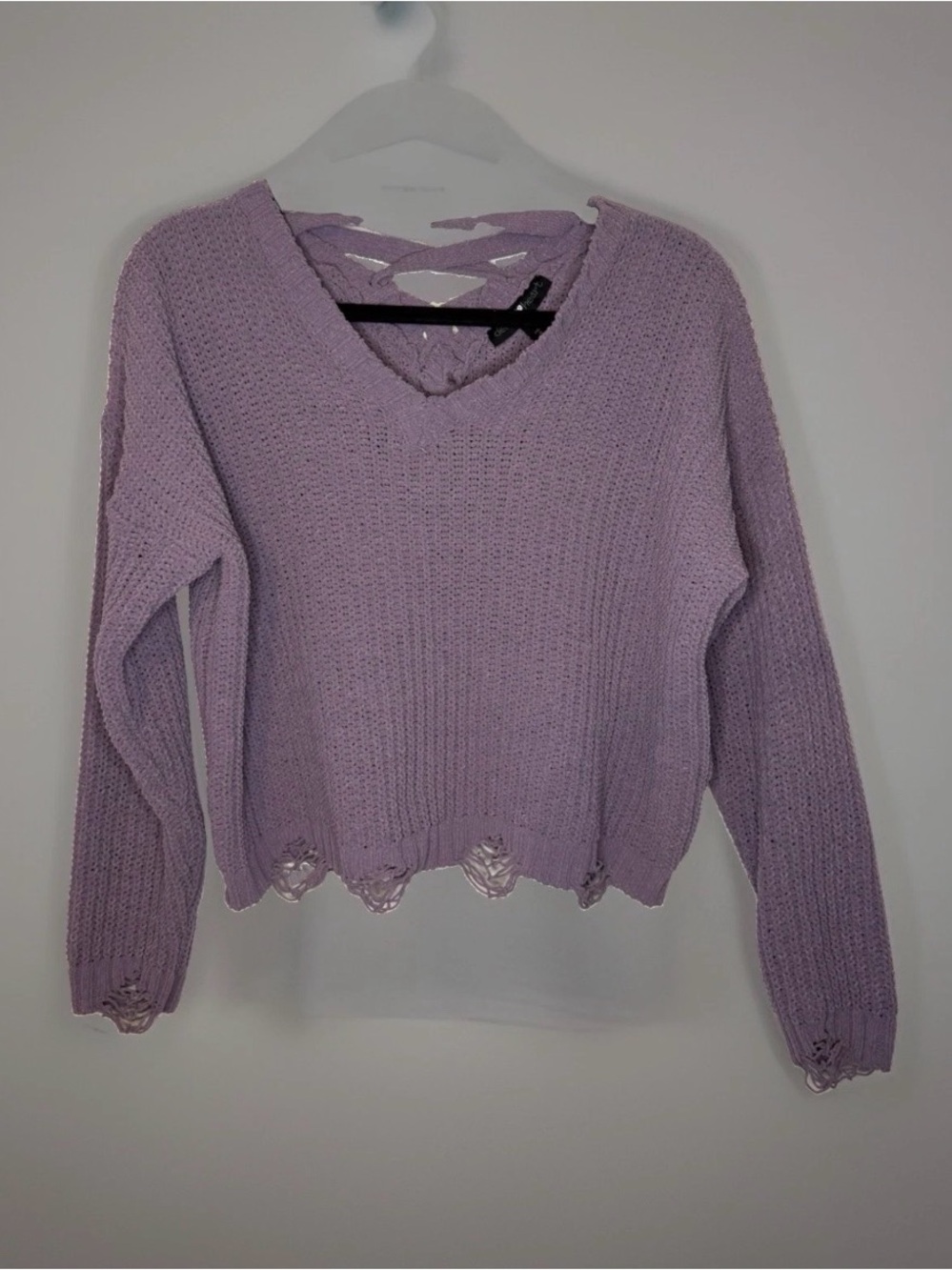 Lilac V-Neck Distressed Knit Sweater - Women